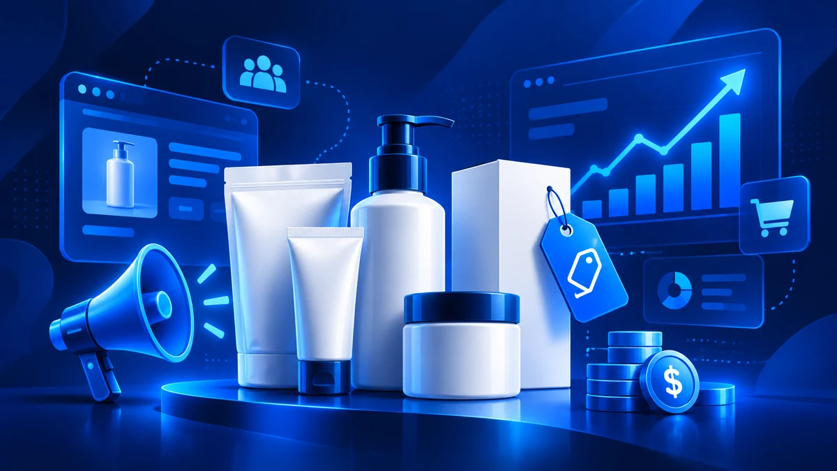 Embalagens sem marca acompanhadas de elementos de marketing e comércio digital, ilustrando o modelo white label.